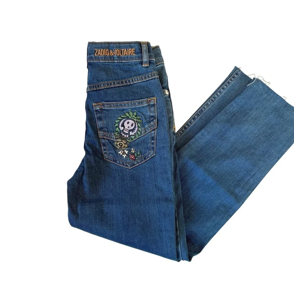 Zadig‎ & Voltaire Maggie Jeans Blue Kids Size 8 Embroidered Skull Raw Hem